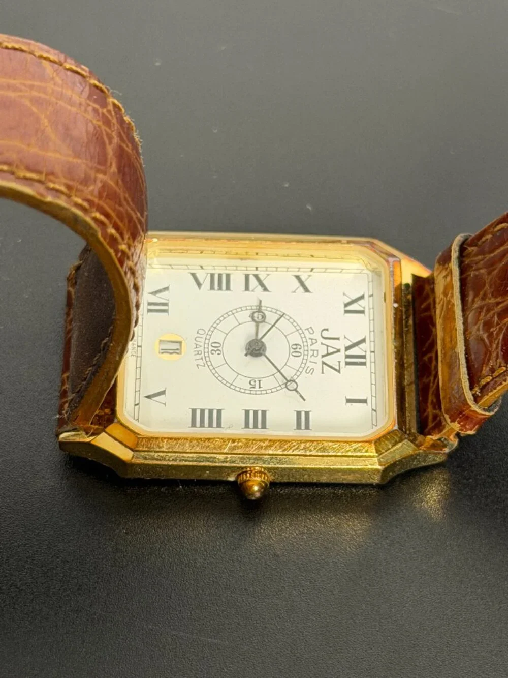 JAZ Paris Vintage Rectangular Quartz Wristwatch Gold Tone Date Leather Band